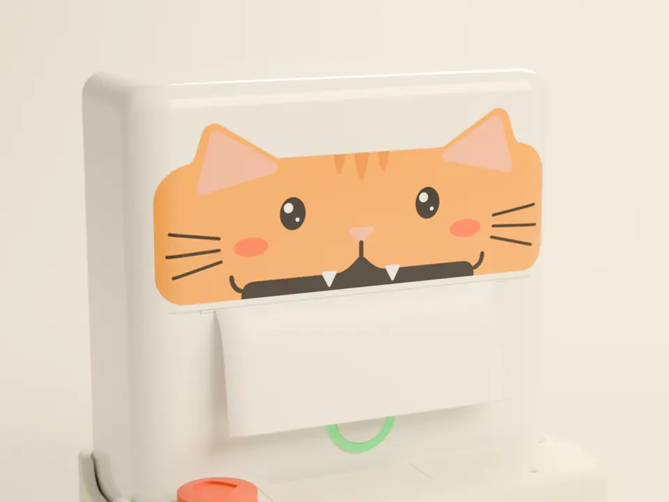A Texty wearing the Miso sticker: a ginger cat with little fangs